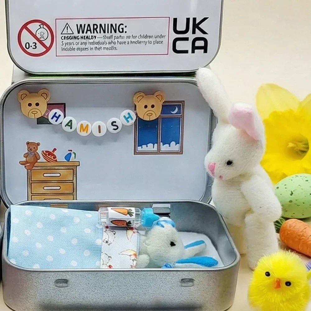 💎 49% OFF! 💎 Bunny Mummy & Baby Plush Pocket Tin – Handmade Easter Collectible with Cozy Blanket (Pink/Blue Ears) 🐇🎁