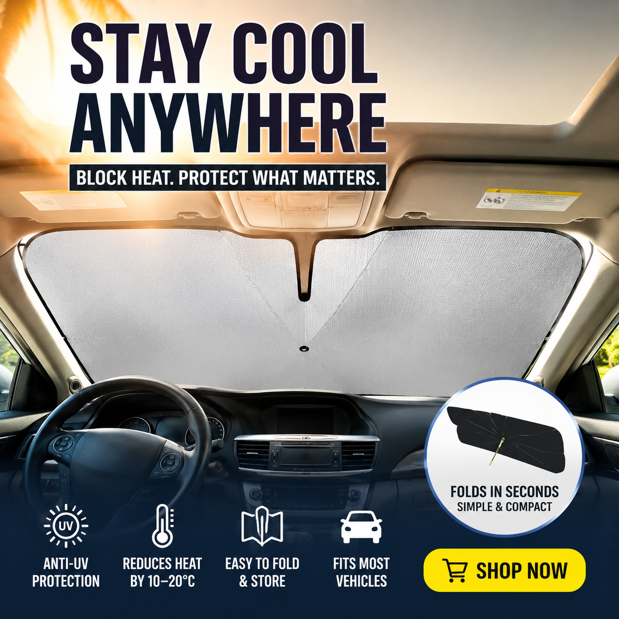 🚗 49% OFF ! ☀️ Car Sunshade – Effective Heat Insulation, UV Block & Easy Foldable Auto Windshield Protector