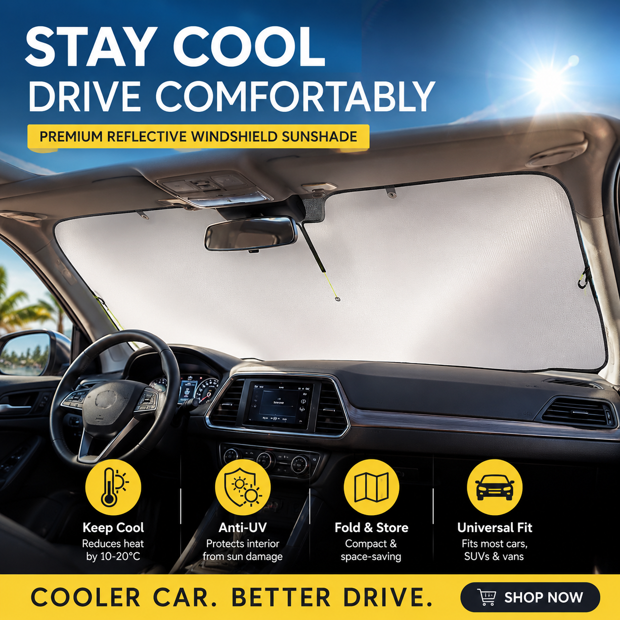 🚗 49% OFF ! ☀️ Car Sunshade – Effective Heat Insulation, UV Block & Easy Foldable Auto Windshield Protector