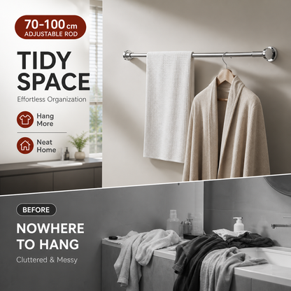 🧥49% OFF NOW! Adjustable No‑Drill Tension Rod, 70‑100cm Spring Tension Clothes Hanging Rod, No‑Damage Non‑Slip Closet Curtain Rod, Max 15KG Load for Wardrobe, Bathroom