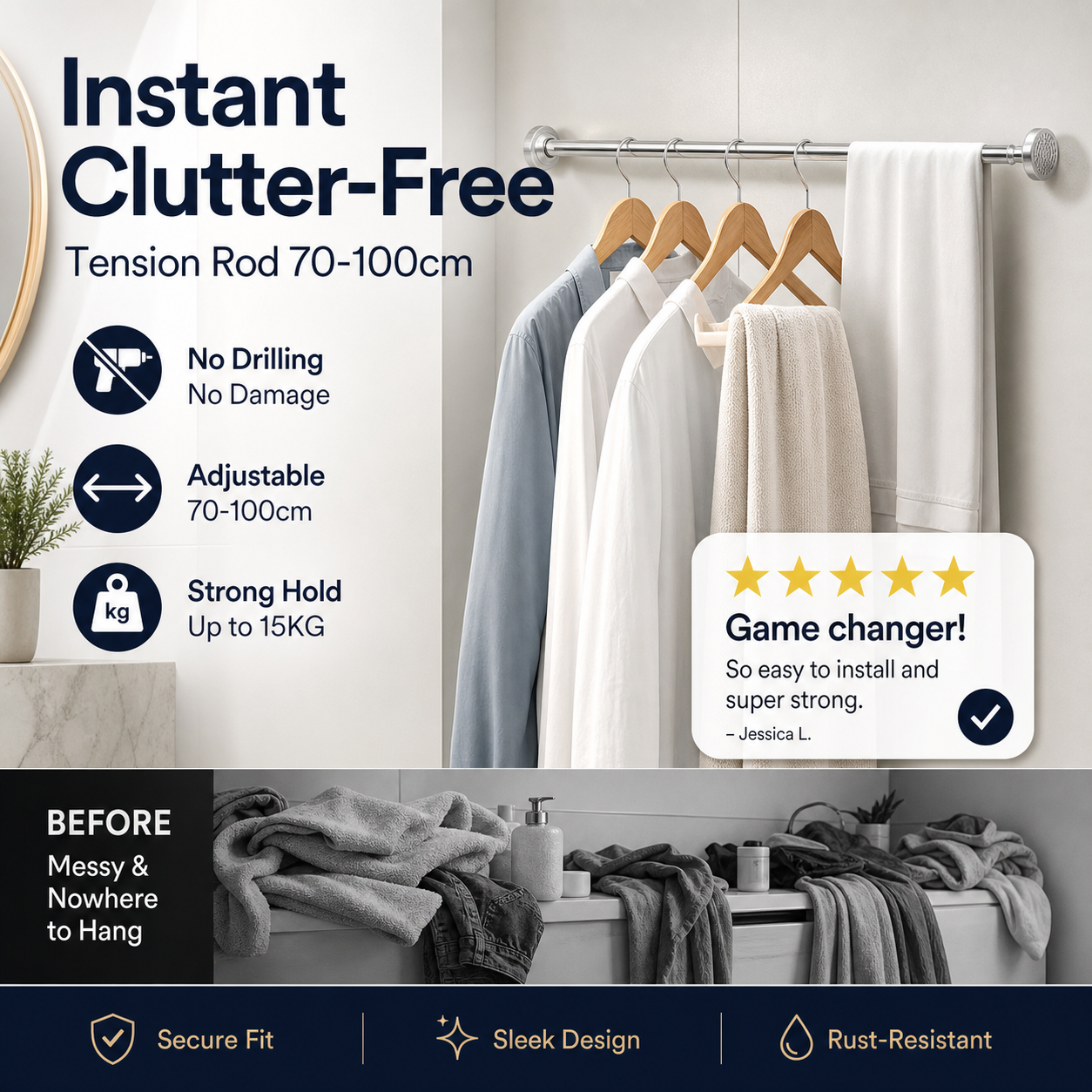 🧥49% OFF NOW! Adjustable No‑Drill Tension Rod, 70‑100cm Spring Tension Clothes Hanging Rod, No‑Damage Non‑Slip Closet Curtain Rod, Max 15KG Load for Wardrobe, Bathroom
