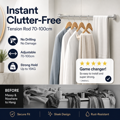 🧥49% OFF NOW! Adjustable No‑Drill Tension Rod, 70‑100cm Spring Tension Clothes Hanging Rod, No‑Damage Non‑Slip Closet Curtain Rod, Max 15KG Load for Wardrobe, Bathroom