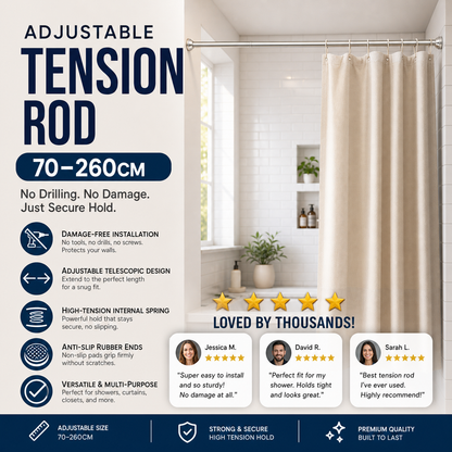 🧥49% OFF NOW! Adjustable No‑Drill Tension Rod, 70‑100cm Spring Tension Clothes Hanging Rod, No‑Damage Non‑Slip Closet Curtain Rod, Max 15KG Load for Wardrobe, Bathroom