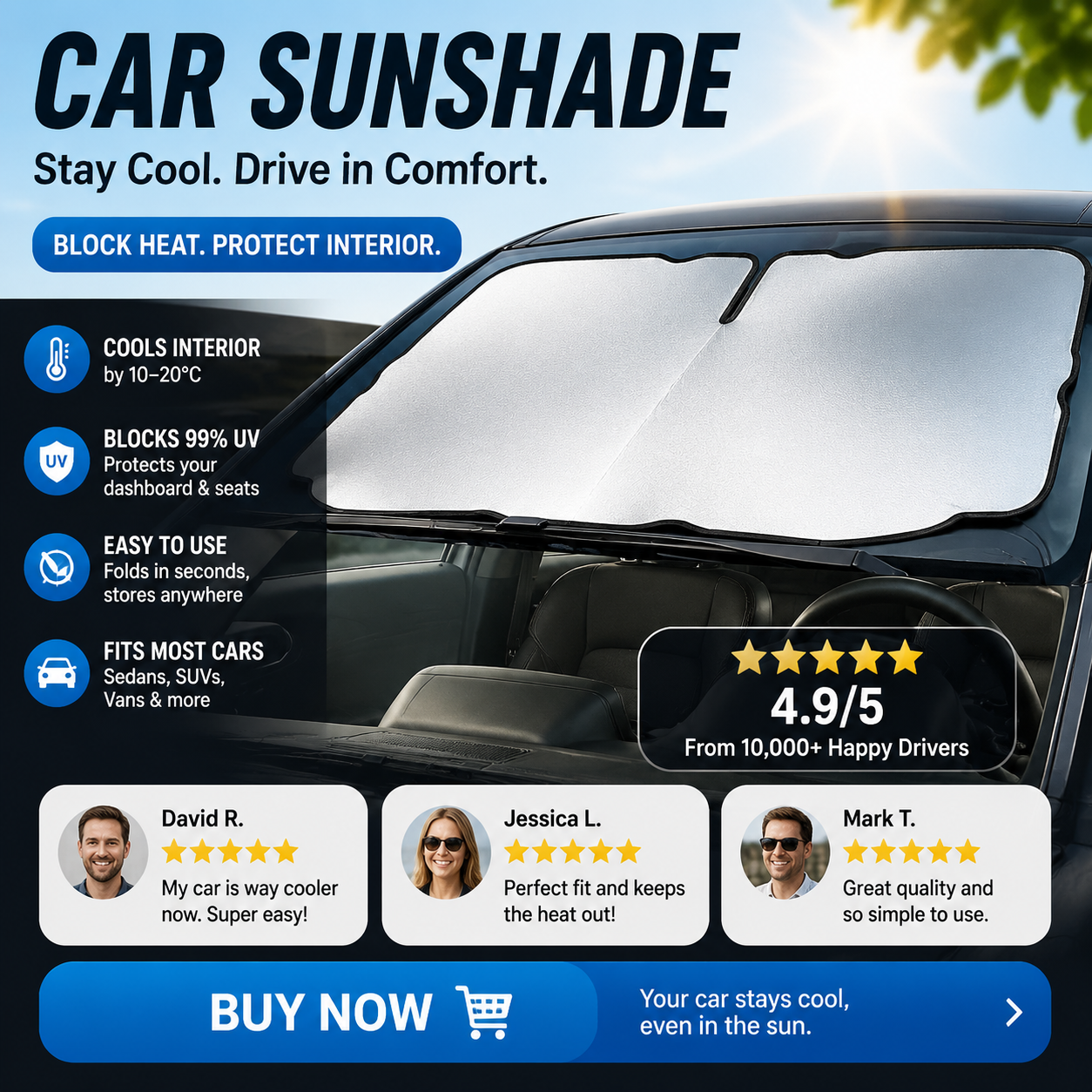 🚗 49% OFF ! ☀️ Car Sunshade – Effective Heat Insulation, UV Block & Easy Foldable Auto Windshield Protector