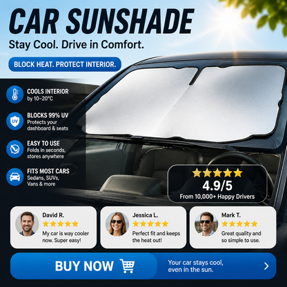 🚗 49% OFF ! ☀️ Car Sunshade – Effective Heat Insulation, UV Block & Easy Foldable Auto Windshield Protector