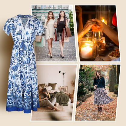 European  blue printed dress, showcase your elegant charm! 🌹✨