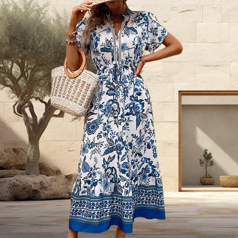 European  blue printed dress, showcase your elegant charm! 🌹✨