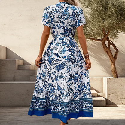 European  blue printed dress, showcase your elegant charm! 🌹✨