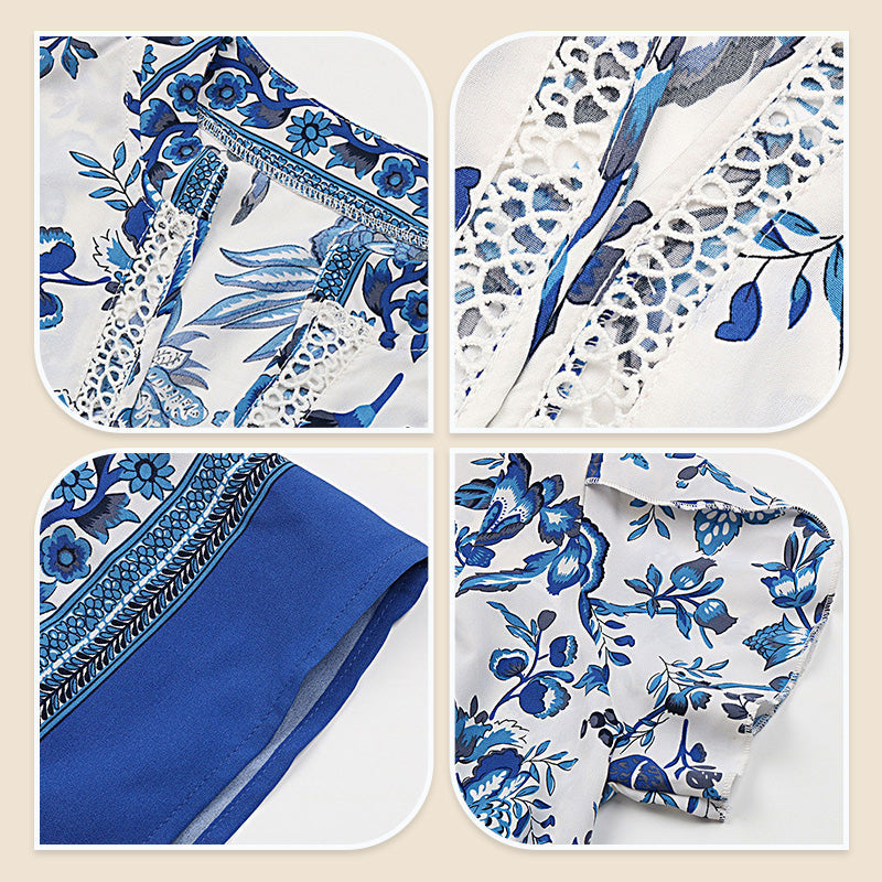 European  blue printed dress, showcase your elegant charm! 🌹✨