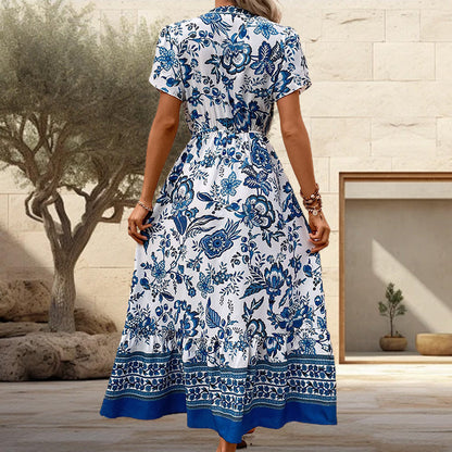 European  blue printed dress, showcase your elegant charm! 🌹✨