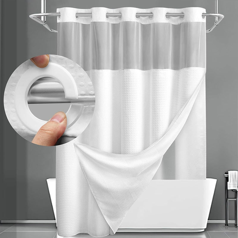 🔥HOT SALE🚿✨ Say goodbye to slippery bathrooms! Double-layered waterproof shower curtain with see-through panels – installs in 3 seconds for a dry, stylish look!