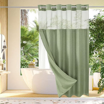 🔥HOT SALE🚿✨ Say goodbye to slippery bathrooms! Double-layered waterproof shower curtain with see-through panels – installs in 3 seconds for a dry, stylish look!