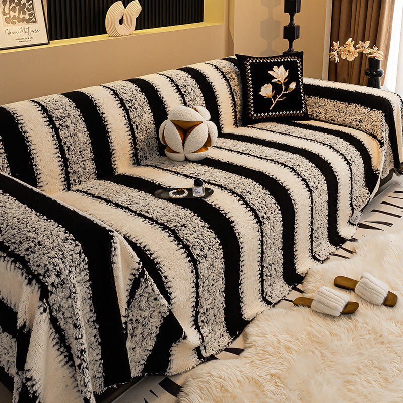 🔥49% OFF!!📢🎁 Soft Plush Non-Slip Couch Cover – Thick Striped Winter-Friendly Sofa Protector 🛋️✨