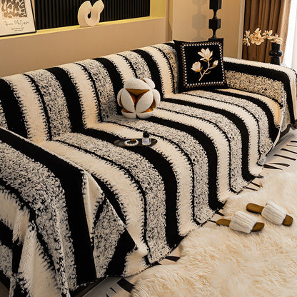 🔥49% OFF!!📢🎁 Soft Plush Non-Slip Couch Cover – Thick Striped Winter-Friendly Sofa Protector 🛋️✨