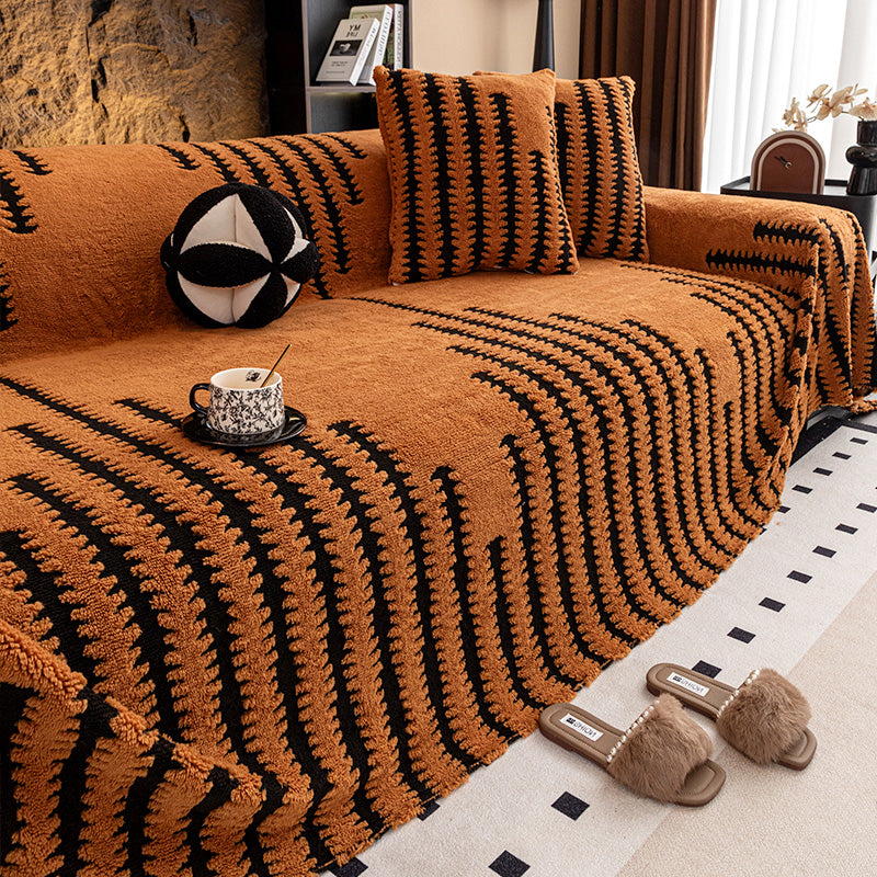 🔥49% OFF!!📢🎁 Soft Plush Non-Slip Couch Cover – Thick Striped Winter-Friendly Sofa Protector 🛋️✨