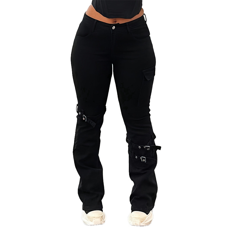 ⏳48% off & free shipping!👖Streetwear Buckle Detail Flared Jeans✨