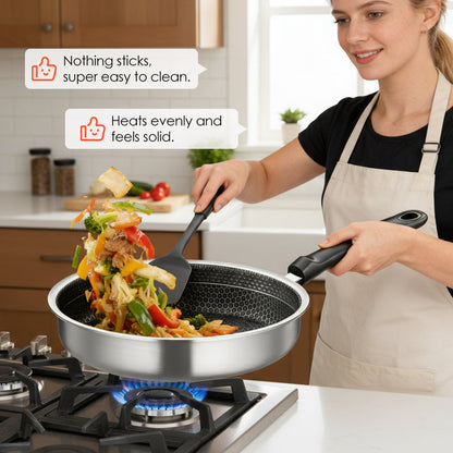 🍳🔥 Honeycomb Non-Stick Stainless Steel Frying Pan ⚡🧊 Even Heating, Oil-Free Healthy Cooking, Induction Compatible, Durable & Easy Clean for Daily Kitchen Use