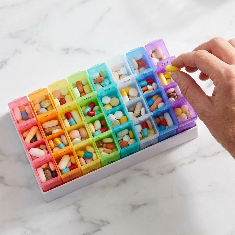 🥳2026 HOT SALE🥳💞50K+ SOLD!🌍✈️ 49% OFF! 4-Week Medication Travel Case – 31-day compartments, easy-open design. Ideal for seniors, vacations & weekly planning. 📅🔒