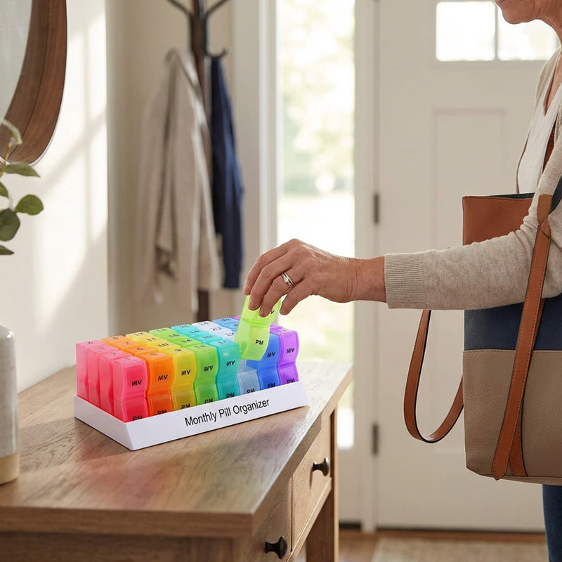 🥳2026 HOT SALE🥳💞50K+ SOLD!🌍✈️ 49% OFF! 4-Week Medication Travel Case – 31-day compartments, easy-open design. Ideal for seniors, vacations & weekly planning. 📅🔒
