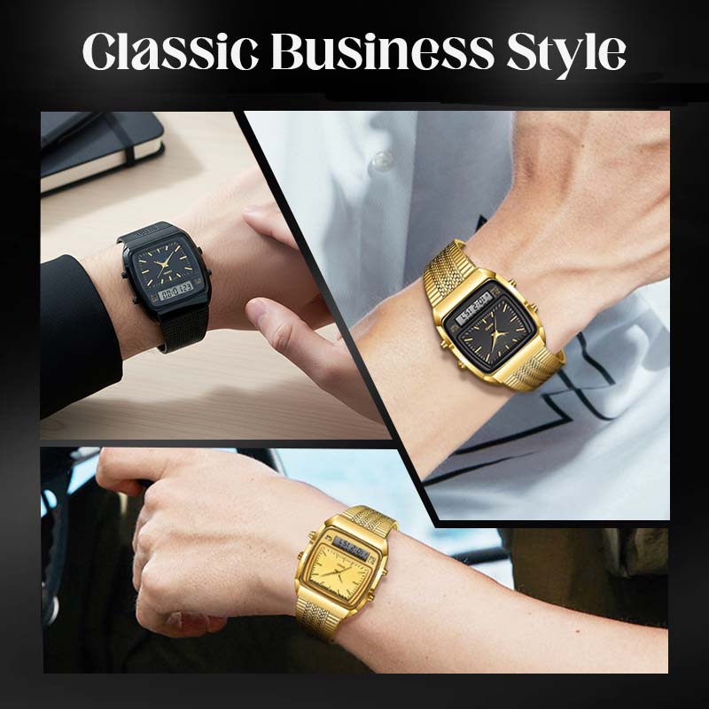⌚ LIMITED-TIME 49% OFF! 💥 Retro Style Square Face Multifunction Watch – Dual Display, Zinc Alloy, Stainless Steel ✨