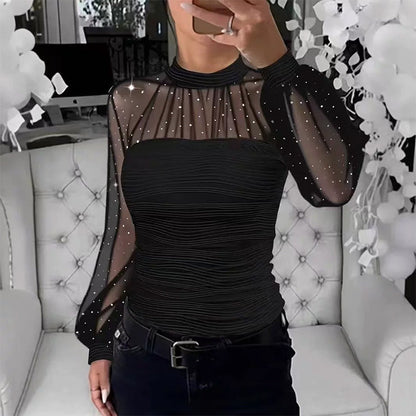 💖HOT SALE👗Faux Pearl Embellished Sheer Mesh Top with Lantern Sleeve