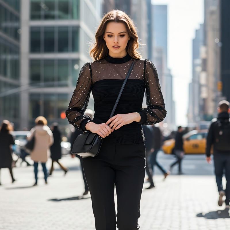 💖HOT SALE👗Faux Pearl Embellished Sheer Mesh Top with Lantern Sleeve