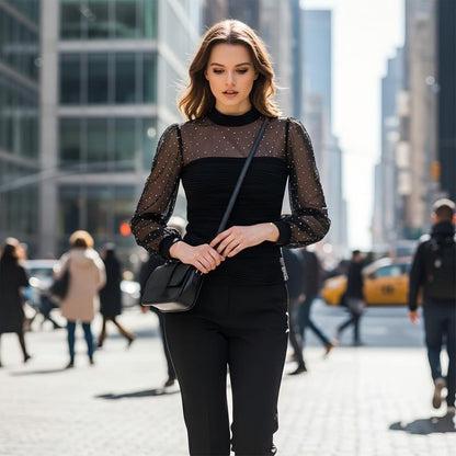 💖HOT SALE👗Faux Pearl Embellished Sheer Mesh Top with Lantern Sleeve