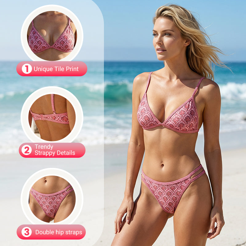 🥳2026 HOT SALE🥳💞50K+ SOLD!👵🏖️ 49% OFF! Boho Tile Print Backless Bikini – Adjustable straps, flattering bralette top. Unique vintage print, soft & quick-dry fabric. Feel confident & stylish by the water. 🌸✨