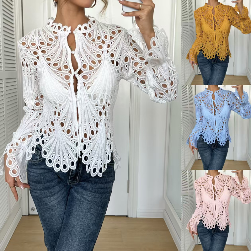 ⏰Limited-time offer👚Elegant Hollow-Out Lace Blouse with Bell Sleeves✨