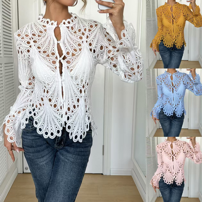 ⏰Limited-time offer👚Elegant Hollow-Out Lace Blouse with Bell Sleeves✨