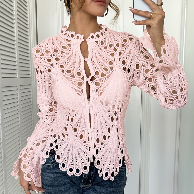 ⏰Limited-time offer👚Elegant Hollow-Out Lace Blouse with Bell Sleeves✨
