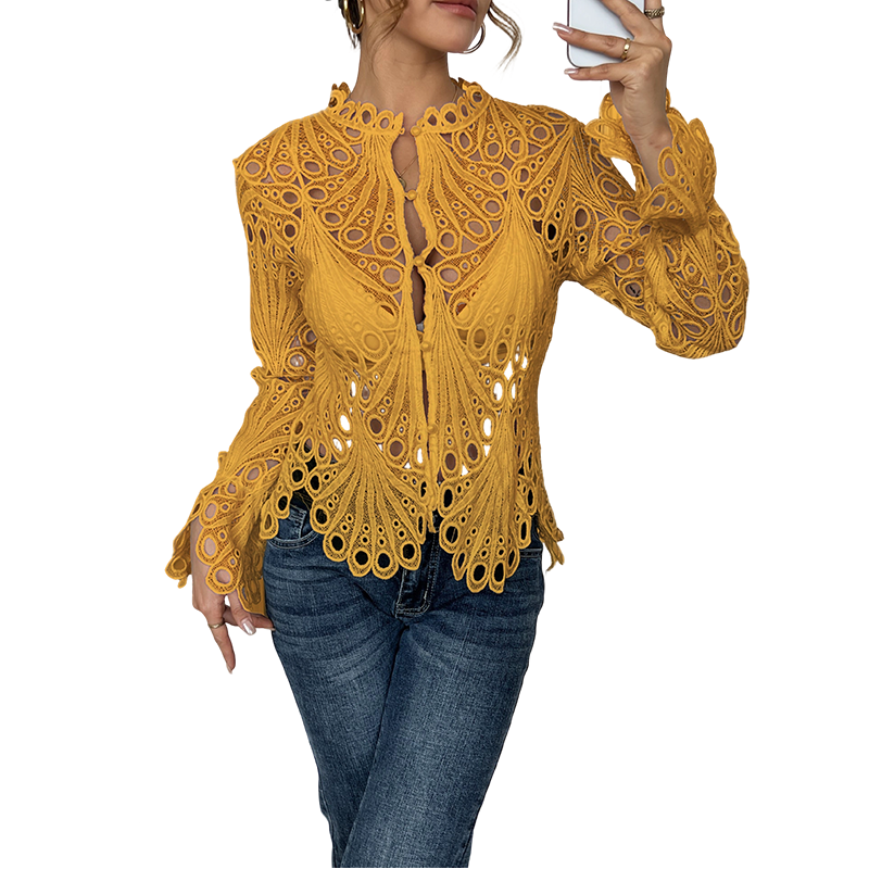 ⏰Limited-time offer👚Elegant Hollow-Out Lace Blouse with Bell Sleeves✨