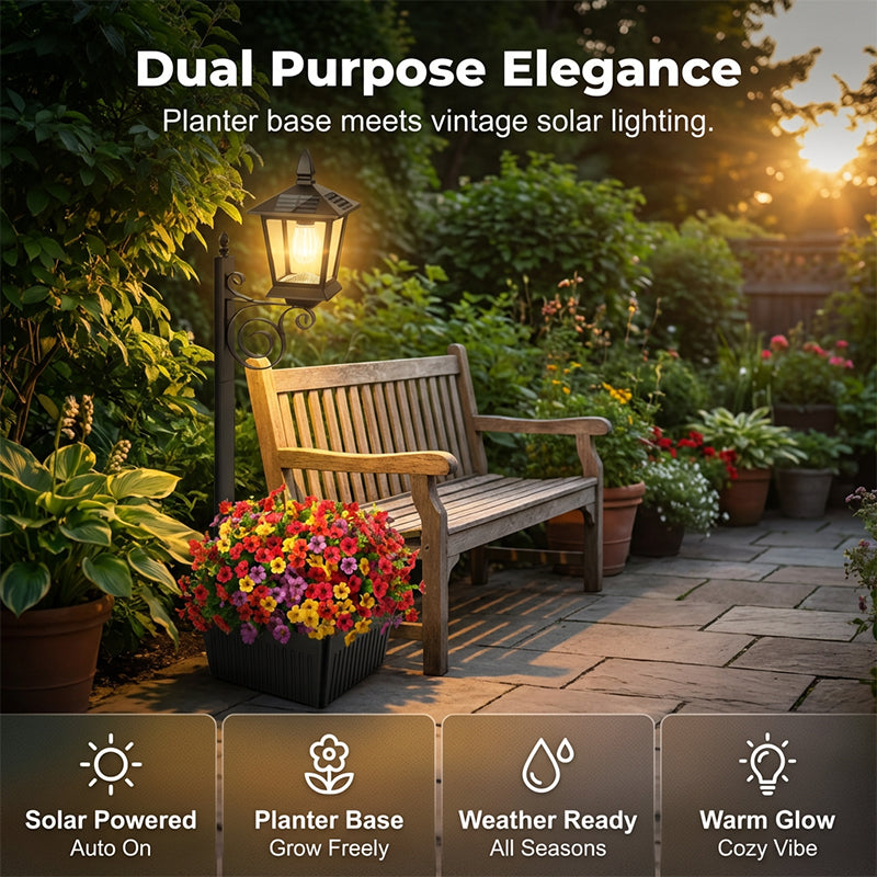 🔥HOT SALE🔥Outdoor Solar Garden Light with Planter Base – Vintage Warm Glow, All-Weather Iron Design & Dual Function 🌸🌙