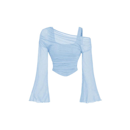 💚2026 New Arrival✨Off Shoulder Ruched Mesh Top with Flare Sleeves