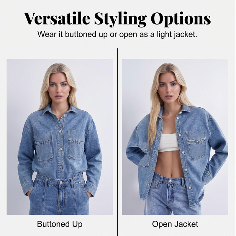 ✨ 49% OFF NOW! 🧥 Women's Casual Long Sleeve Denim Shirt Jacket – Oversized Fit & Chest Pockets