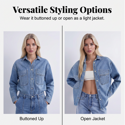 ✨ 49% OFF NOW! 🧥 Women's Casual Long Sleeve Denim Shirt Jacket – Oversized Fit & Chest Pockets