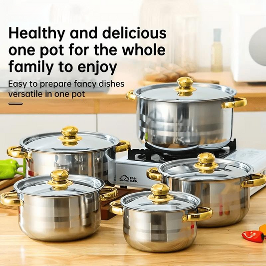 💎 -40% ON 5-PC STAINLESS STEEL SET! 💎 Thickened Pots, Glass Lids & Elegant Gold Accents for Any Stovetop