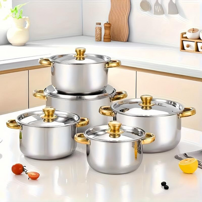 💎 -40% ON 5-PC STAINLESS STEEL SET! 💎 Thickened Pots, Glass Lids & Elegant Gold Accents for Any Stovetop