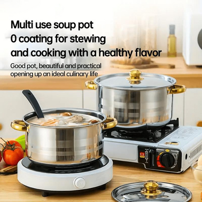 💎 -40% ON 5-PC STAINLESS STEEL SET! 💎 Thickened Pots, Glass Lids & Elegant Gold Accents for Any Stovetop