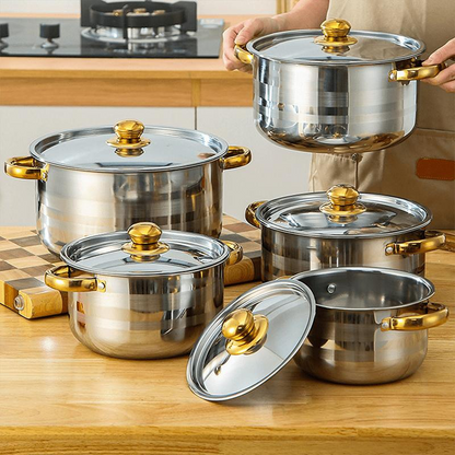 💎 -40% ON 5-PC STAINLESS STEEL SET! 💎 Thickened Pots, Glass Lids & Elegant Gold Accents for Any Stovetop