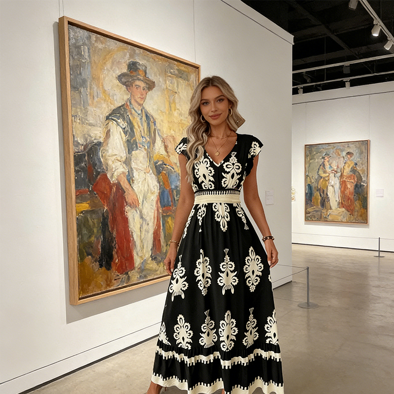 🔥2026 Hot sale 35% OFF🔥Women's V-Neck Baroque Print Flowy Maxi Dress