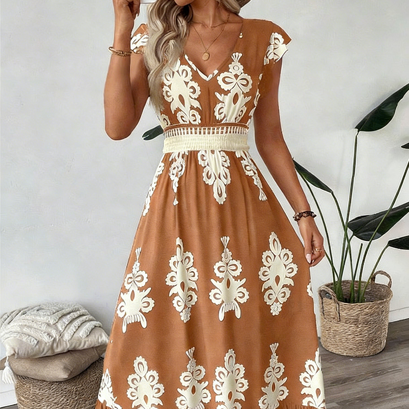 🔥2026 Hot sale 35% OFF🔥Women's V-Neck Baroque Print Flowy Maxi Dress