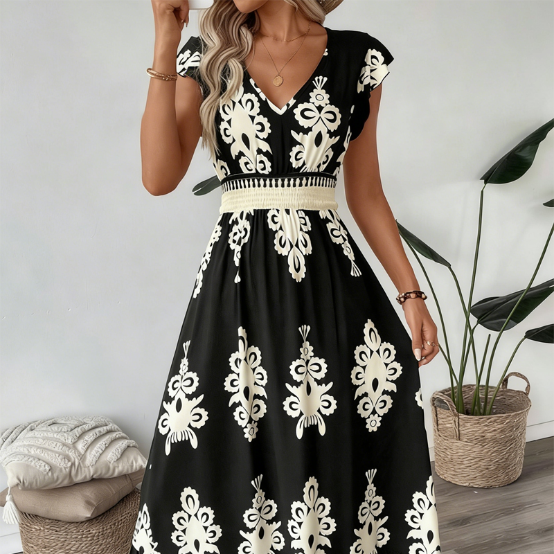 🔥2026 Hot sale 35% OFF🔥Women's V-Neck Baroque Print Flowy Maxi Dress
