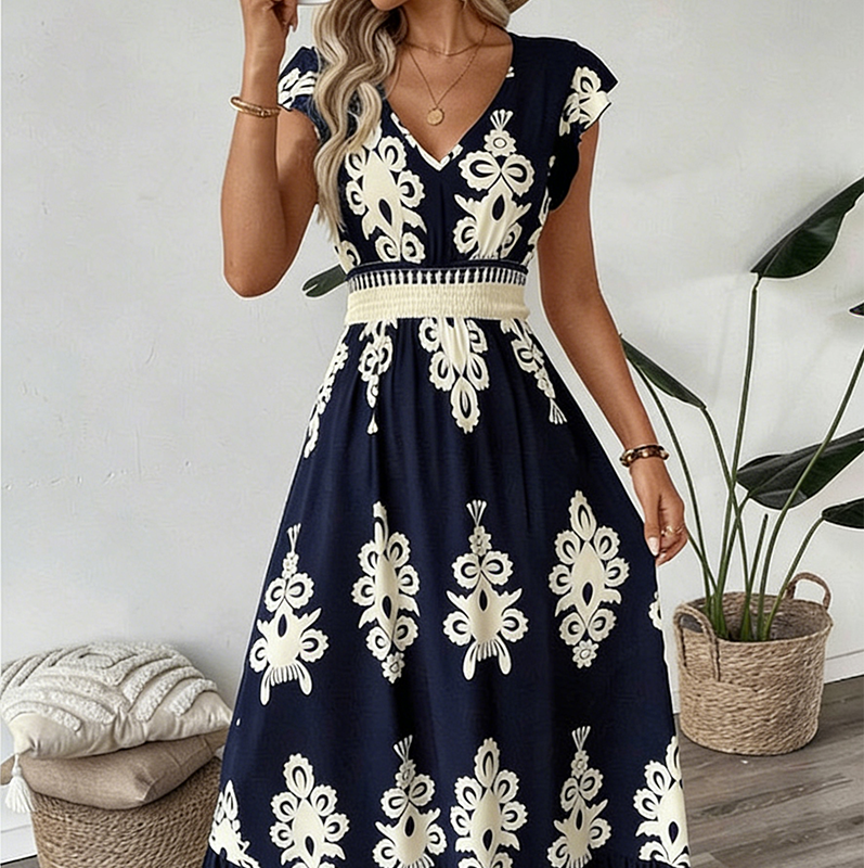 🔥2026 Hot sale 35% OFF🔥Women's V-Neck Baroque Print Flowy Maxi Dress