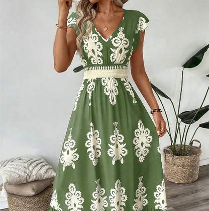 🔥2026 Hot sale 35% OFF🔥Women's V-Neck Baroque Print Flowy Maxi Dress