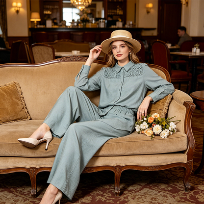 🥳2026 HOT SALE🥳💞50K+ SOLD!💥49% OFF! 🔥Lace Patchwork Shirt & Pants 2-Piece Set