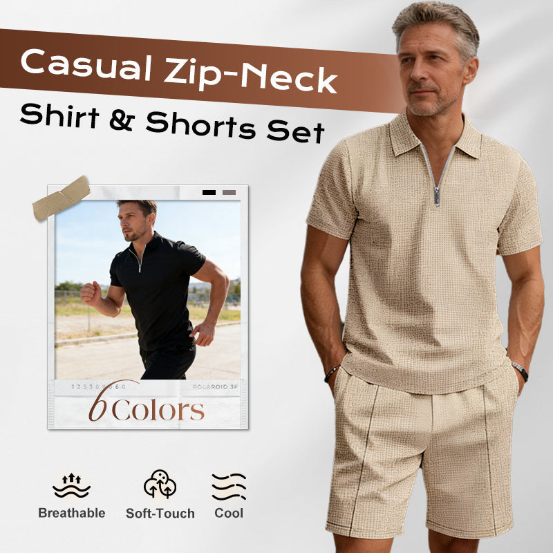 📢📢49% OFF !! ⏰ Summer Casual Zip-Neck Shirt & Shorts Set – Breathable, stylish & perfect for hot days – lightweight 2-piece comfort 🩳