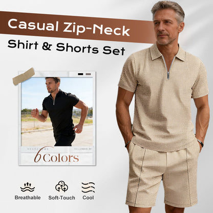 📢📢49% OFF !! ⏰ Summer Casual Zip-Neck Shirt & Shorts Set – Breathable, stylish & perfect for hot days – lightweight 2-piece comfort 🩳