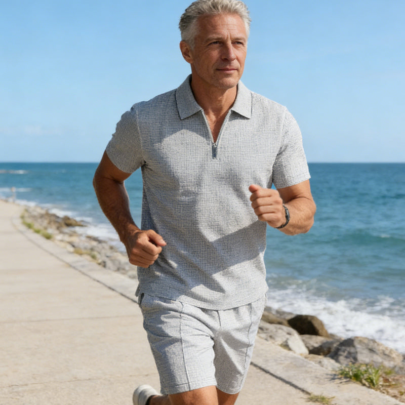 📢📢49% OFF !! ⏰ Summer Casual Zip-Neck Shirt & Shorts Set – Breathable, stylish & perfect for hot days – lightweight 2-piece comfort 🩳