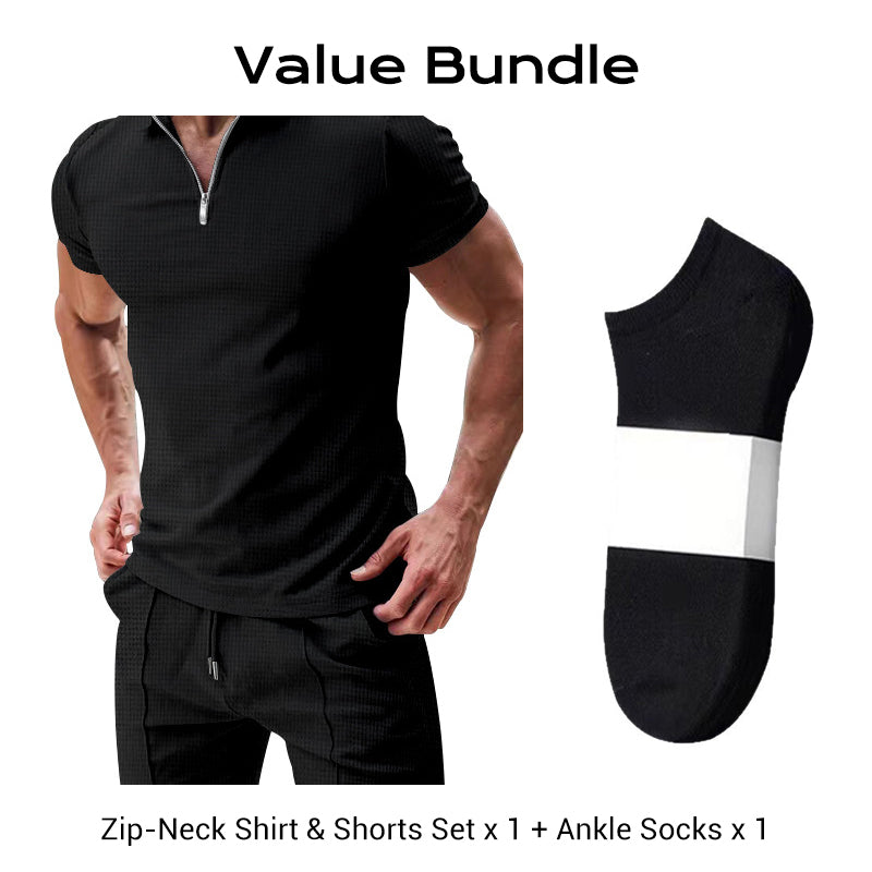 📢📢49% OFF !! ⏰ Summer Casual Zip-Neck Shirt & Shorts Set – Breathable, stylish & perfect for hot days – lightweight 2-piece comfort 🩳